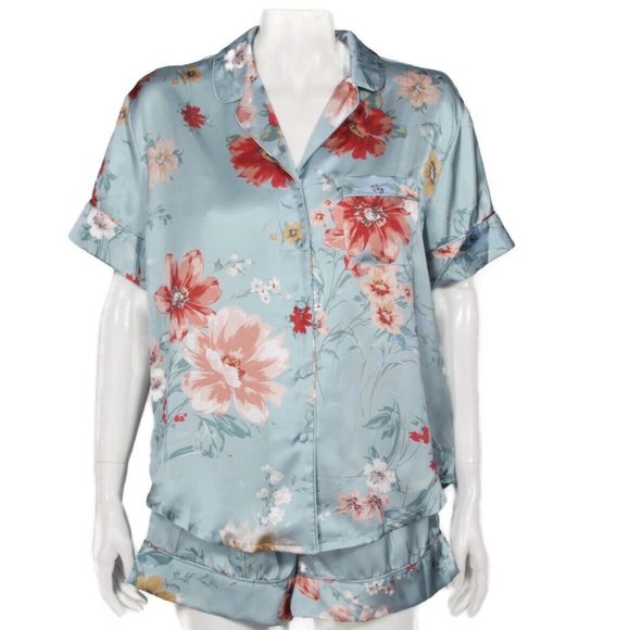 DB STUDIOSolid Satin Short Sleeve Blue Floral Pajama Shorts Set Medium NWT /621 - Picture 1 of 7